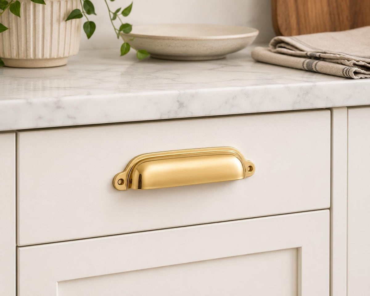 Solid brass cup pull, vintage cabinet drawer handle - view 6