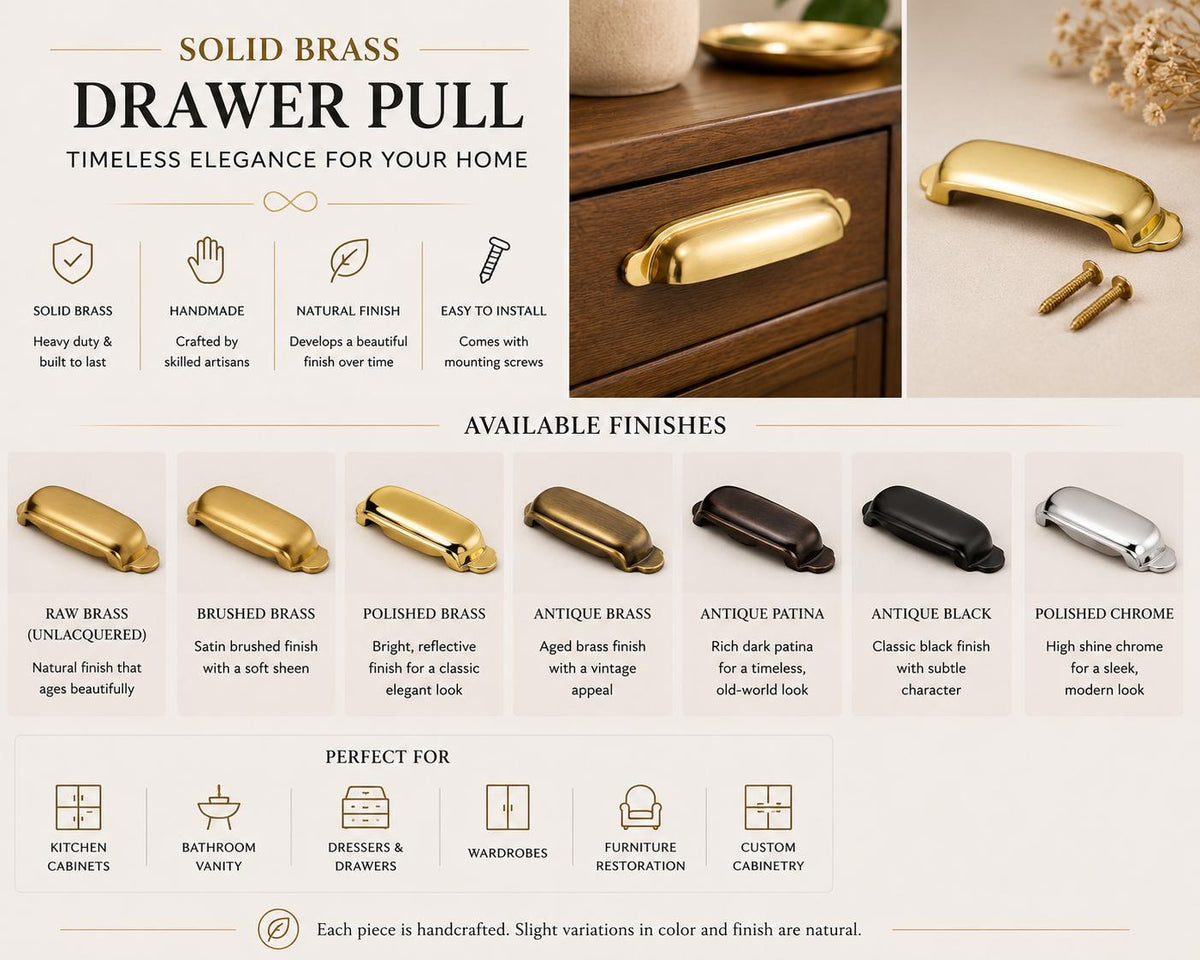 Solid brass cup pull, vintage cabinet drawer handle - view 7