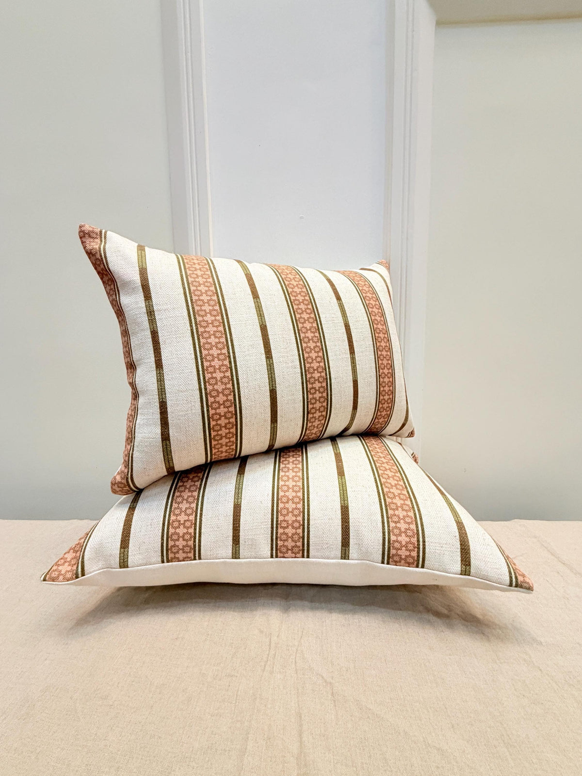 Beige and terracotta striped woven cotton pillow cover