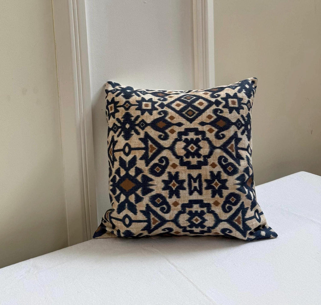 Navy blue and beige woolen ikat pillow cover