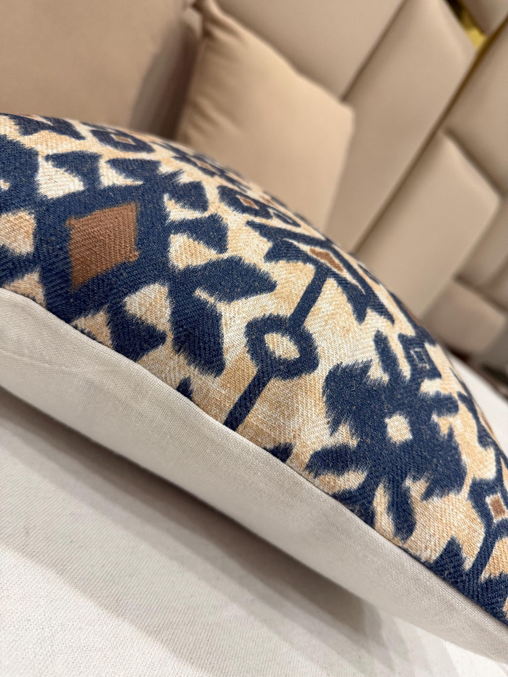 Navy blue and beige woolen ikat pillow cover - view 10