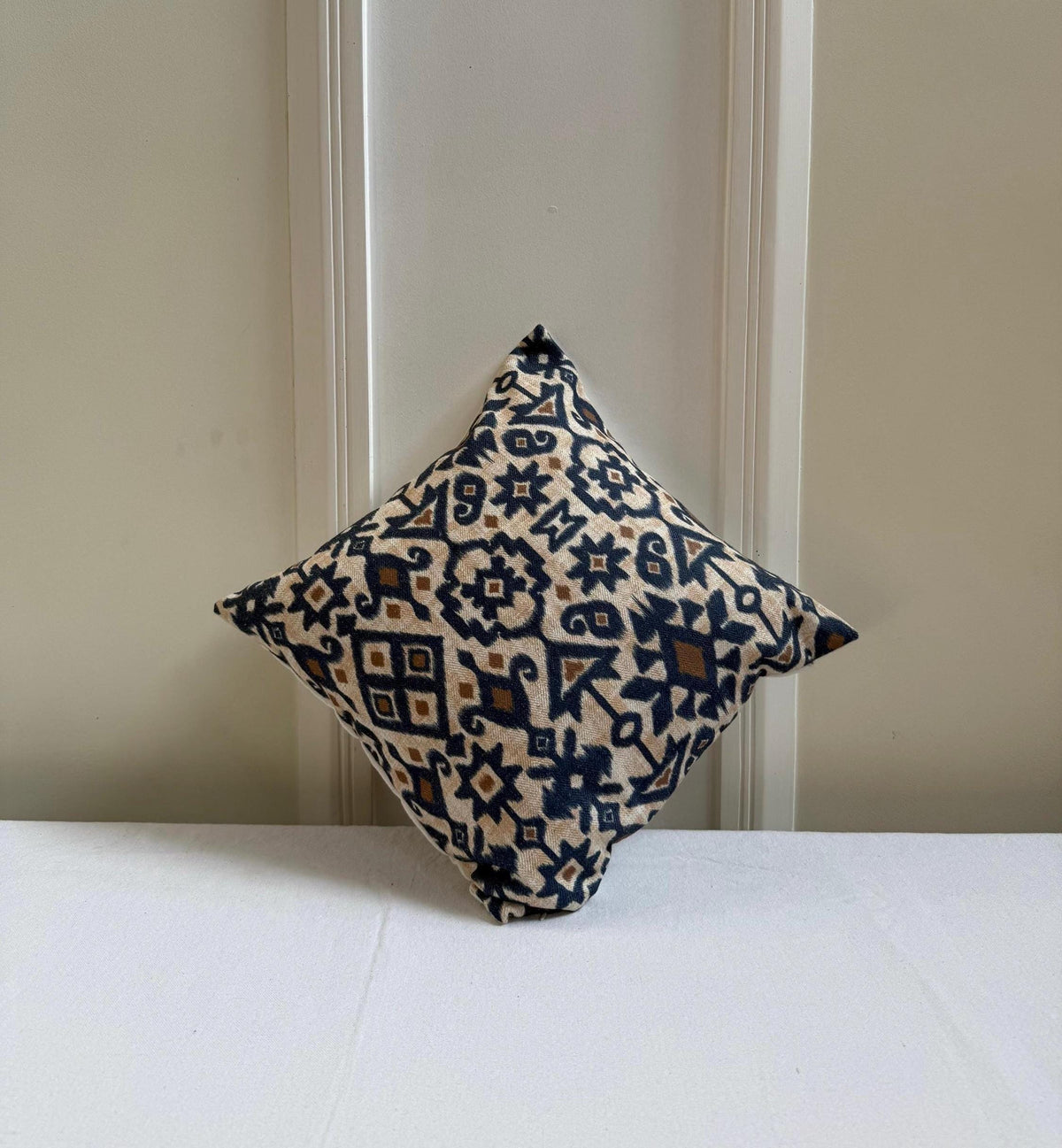 Navy blue and beige woolen ikat pillow cover - view 2