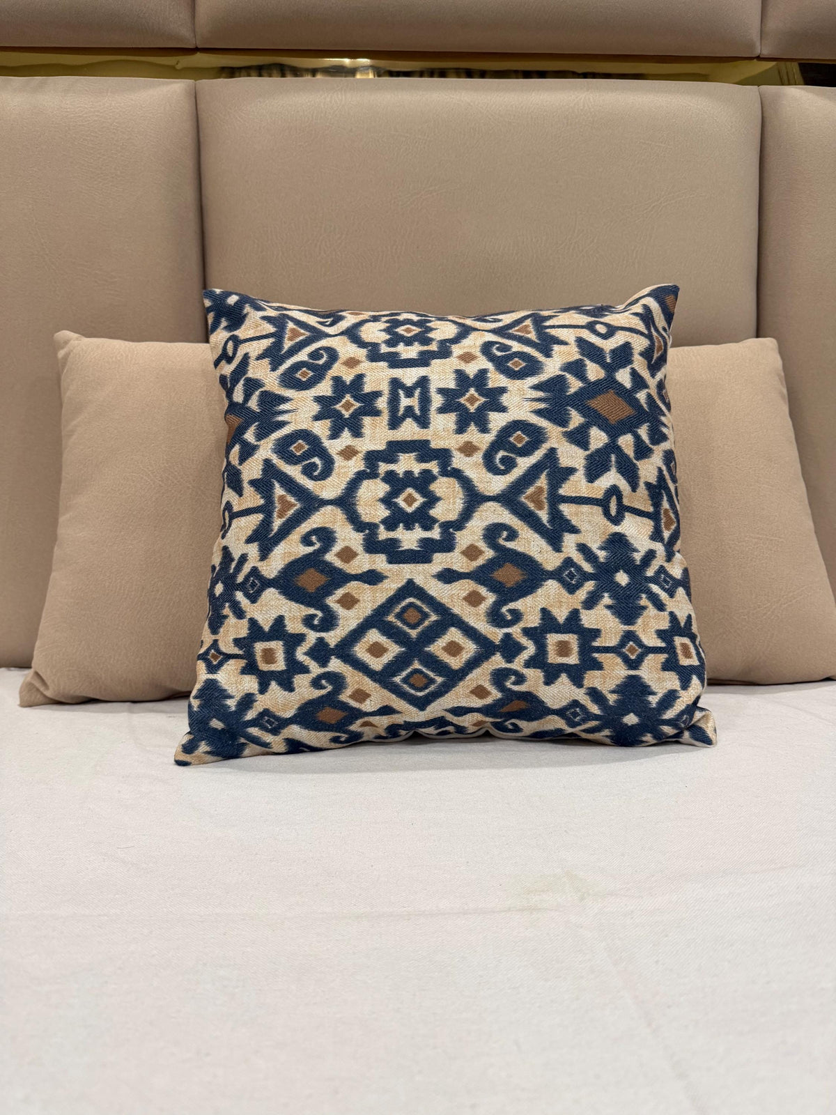Navy blue and beige woolen ikat pillow cover - view 3