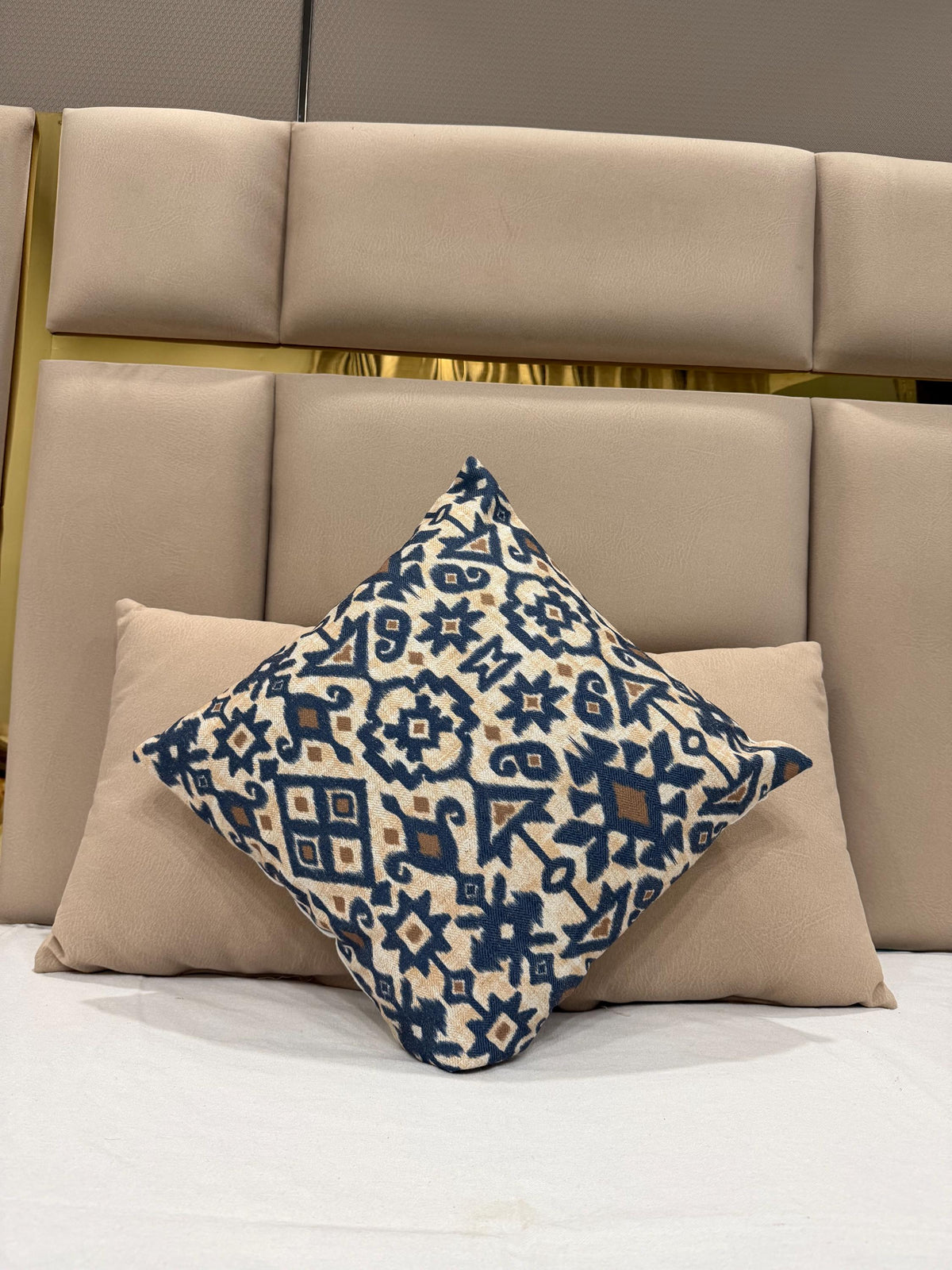 Navy blue and beige woolen ikat pillow cover - view 4