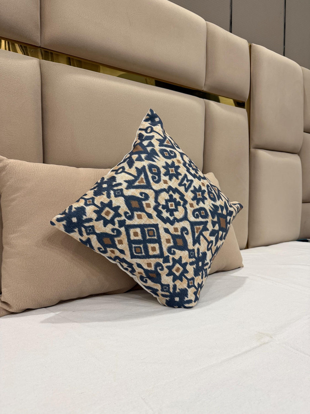 Navy blue and beige woolen ikat pillow cover - view 7