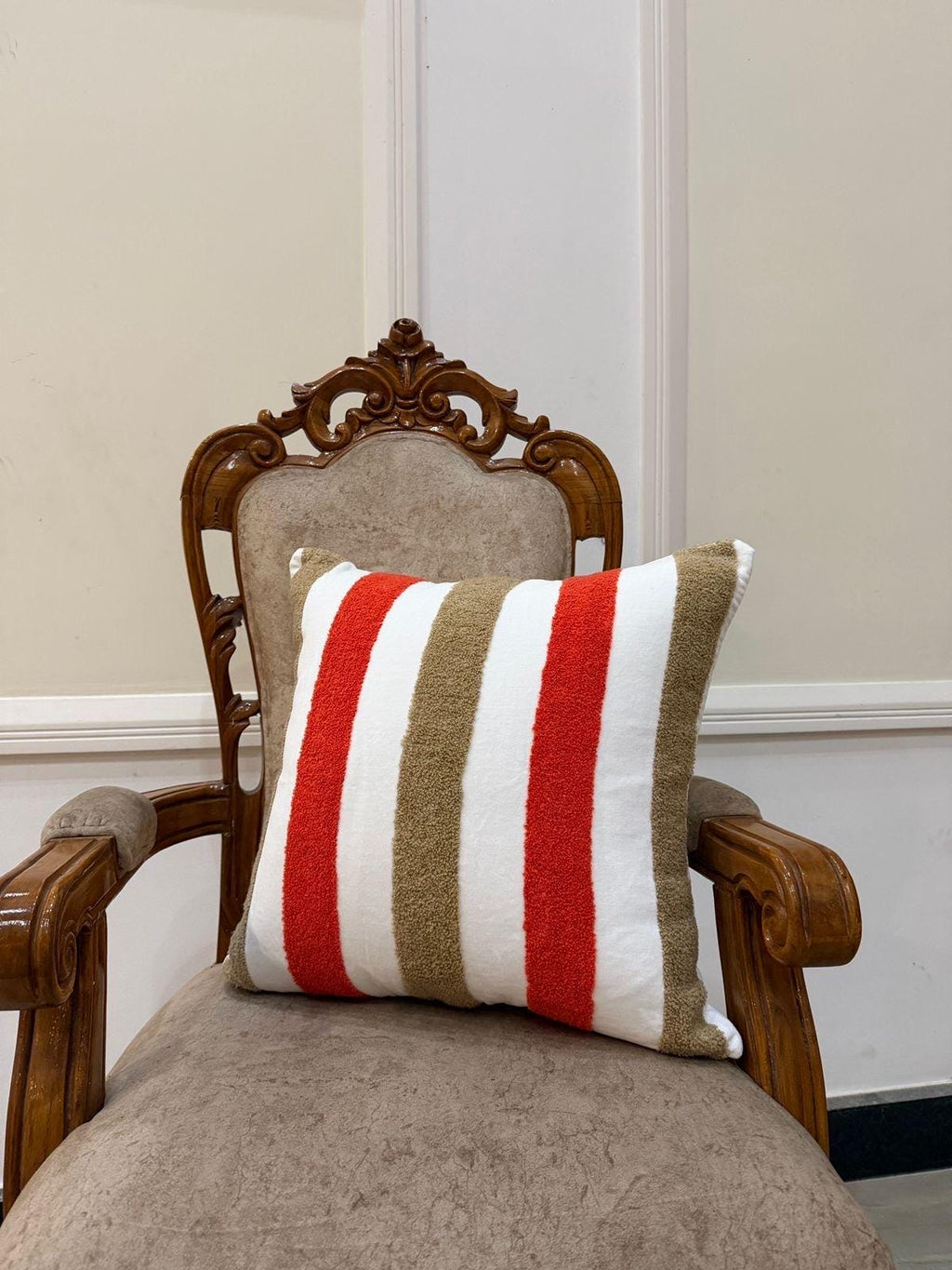 Red-orange and tan tufted chenille pillow cover - view 2