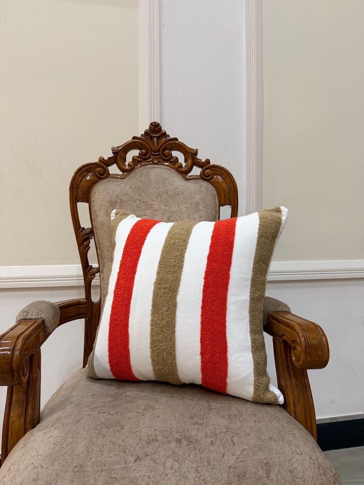 Red-orange and tan tufted chenille pillow cover - view 2