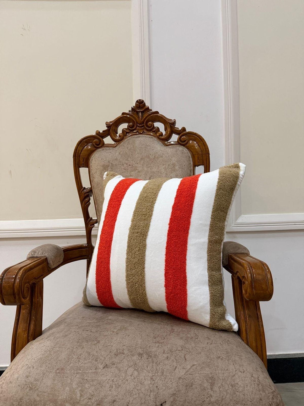 Red-orange and tan tufted chenille pillow cover - view 4