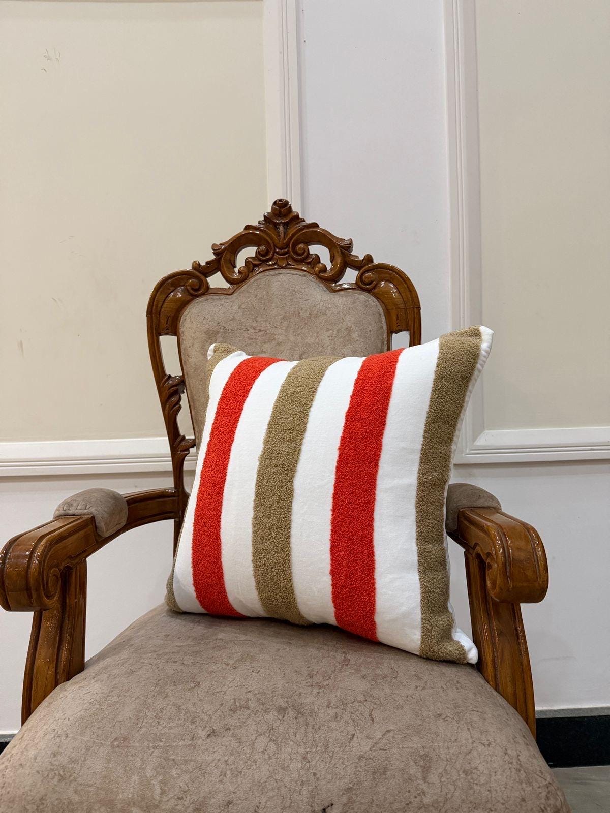 Red-orange and tan tufted chenille pillow cover - view 4