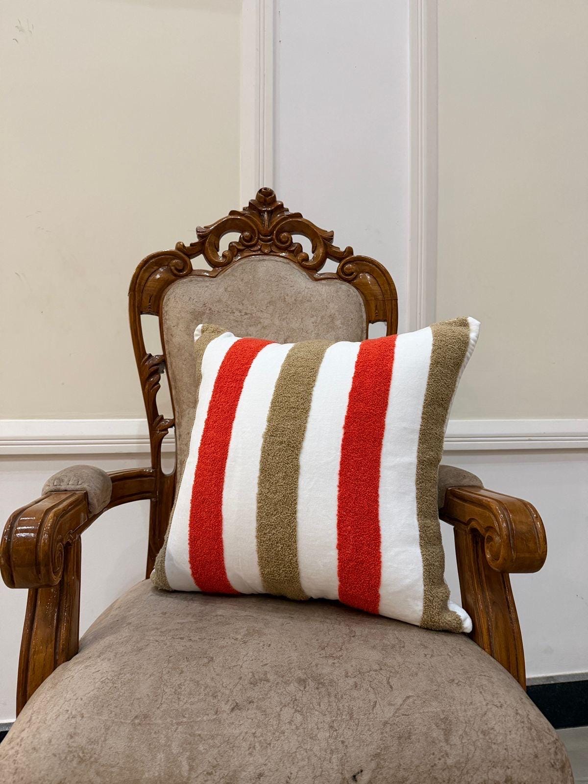 Red-orange and tan tufted chenille pillow cover - view 8