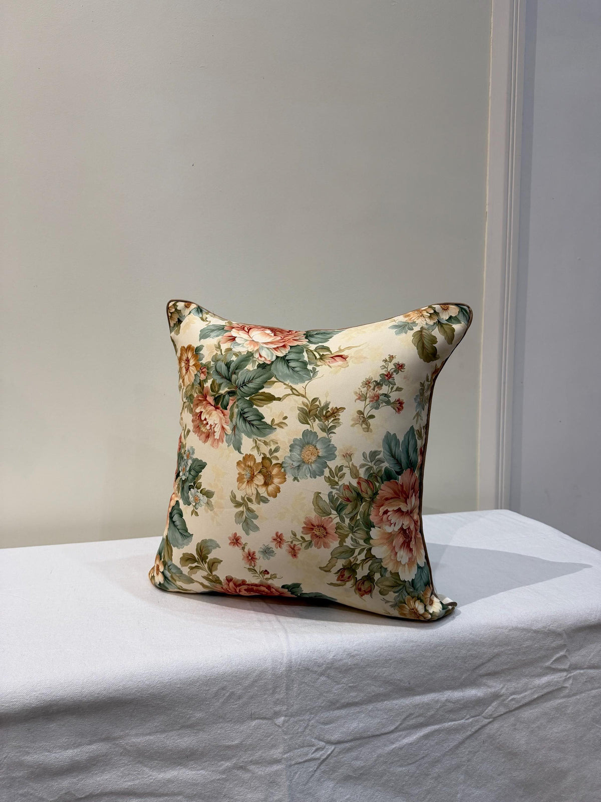 Peachy rose and sage vintage floral pillow cover