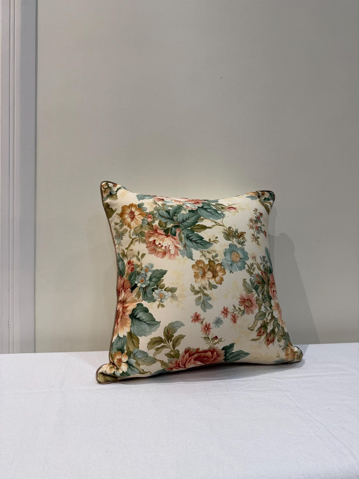 Peachy rose and sage vintage floral pillow cover - view 4