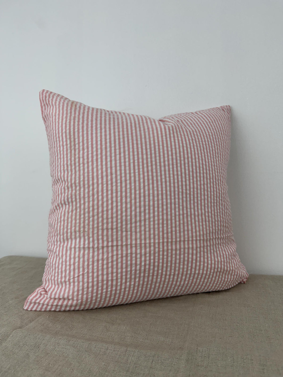 Pink and white striped cotton pillow cover