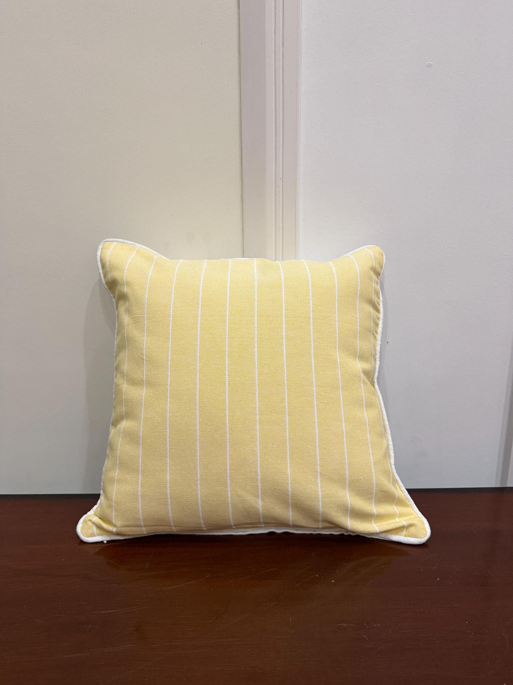 Yellow striped cotton pillow cover with white piping