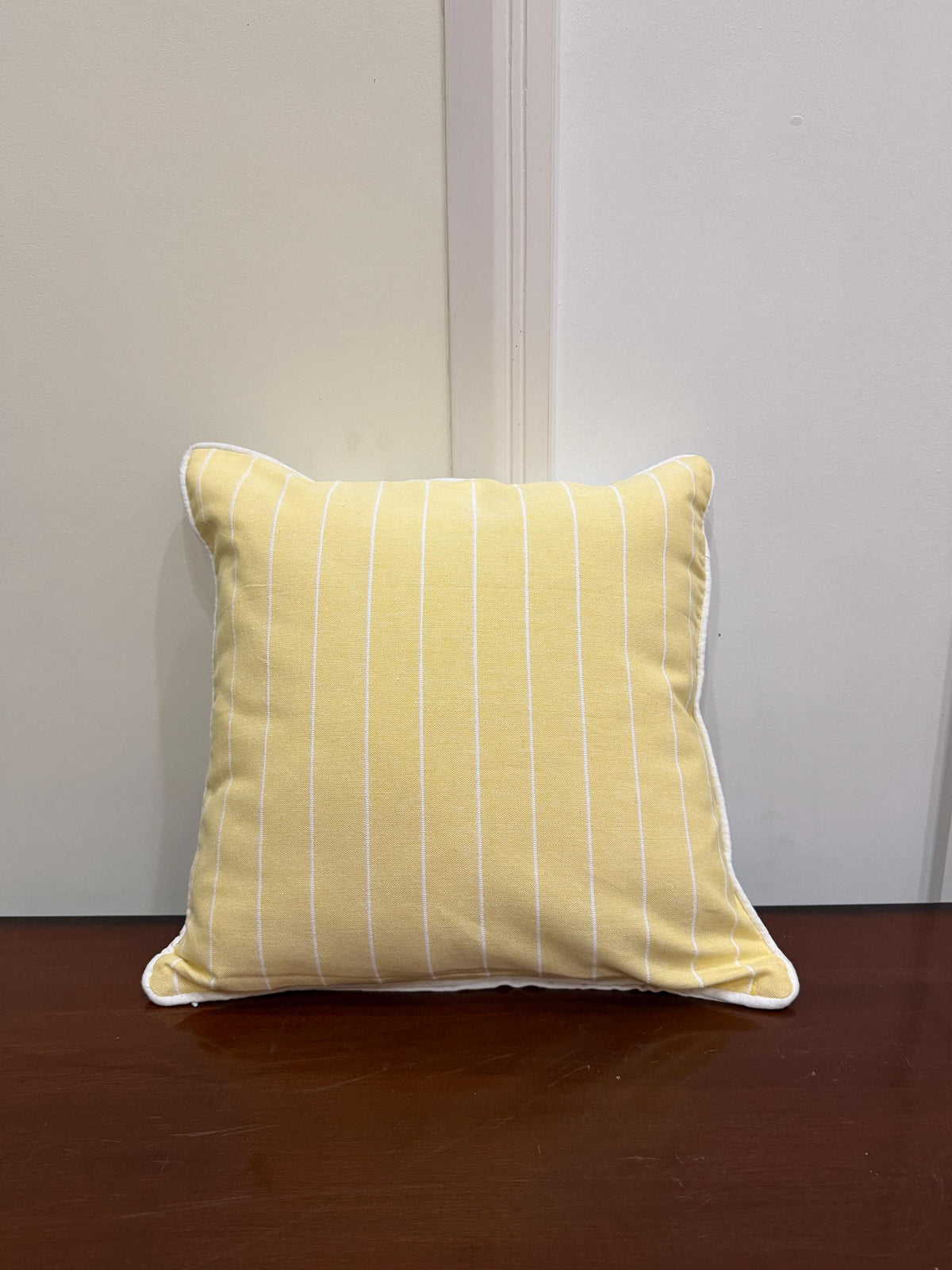 Yellow striped cotton pillow cover with white piping