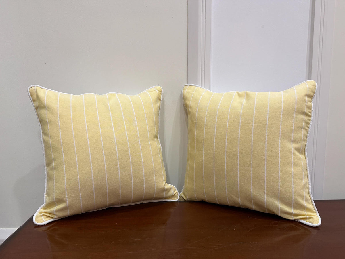 Yellow striped cotton pillow cover with white piping - view 10