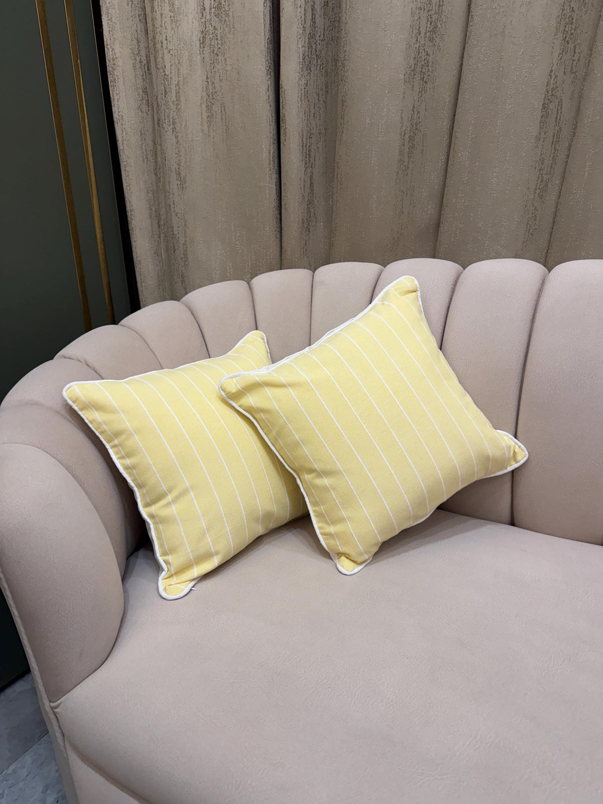 Yellow striped cotton pillow cover with white piping - view 2