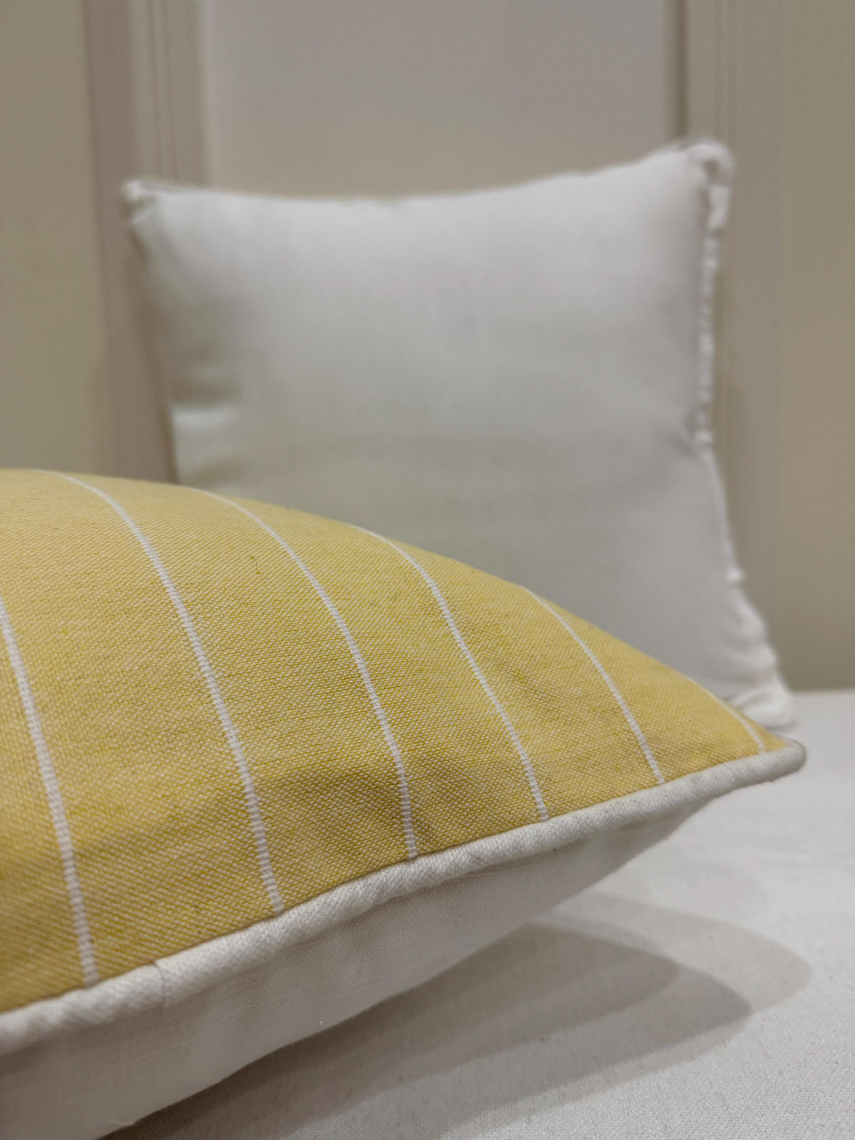 Yellow striped cotton pillow cover with white piping - view 3