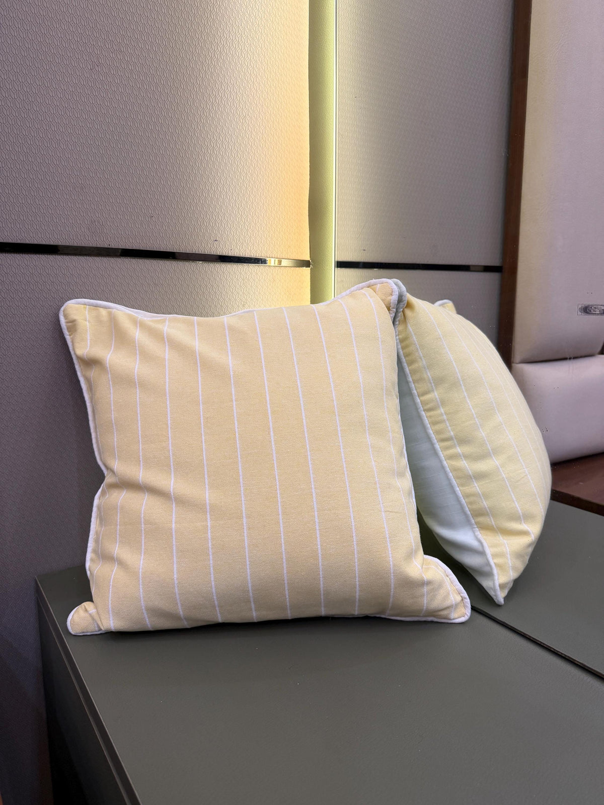 Yellow striped cotton pillow cover with white piping - view 4