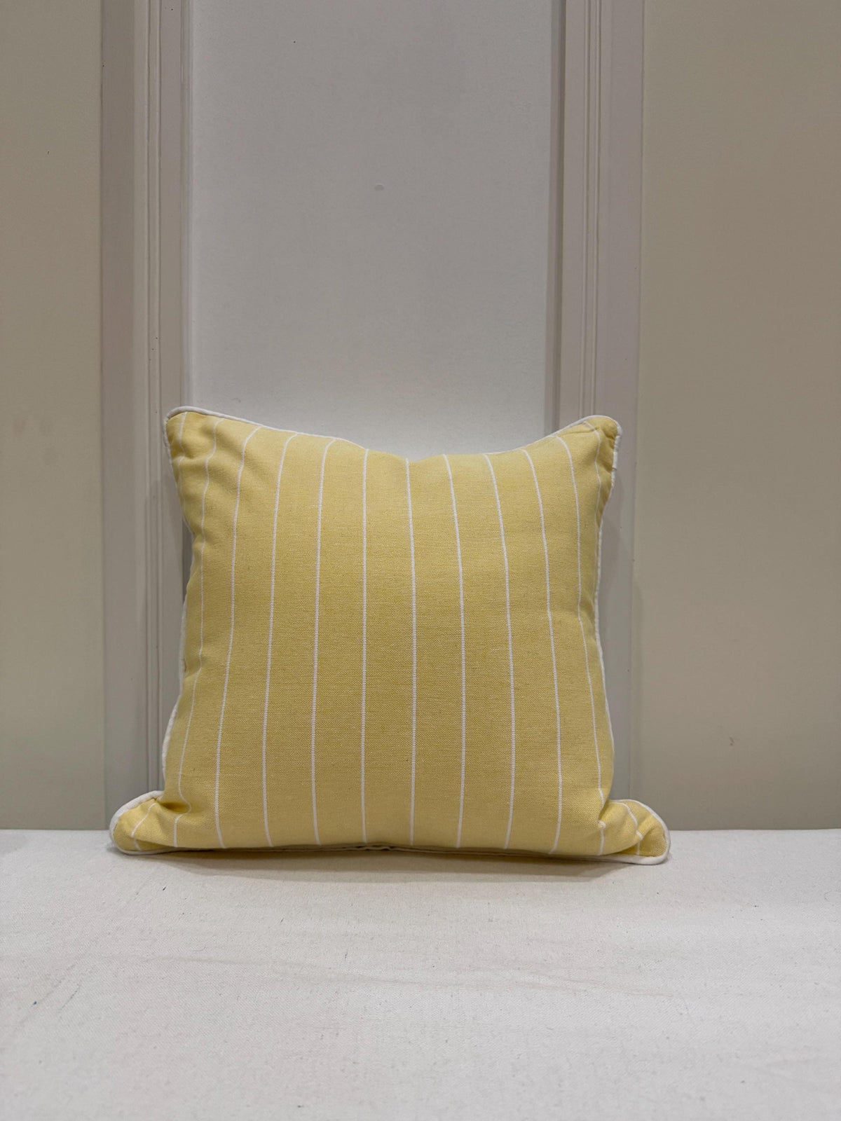 Yellow striped cotton pillow cover with white piping - view 5