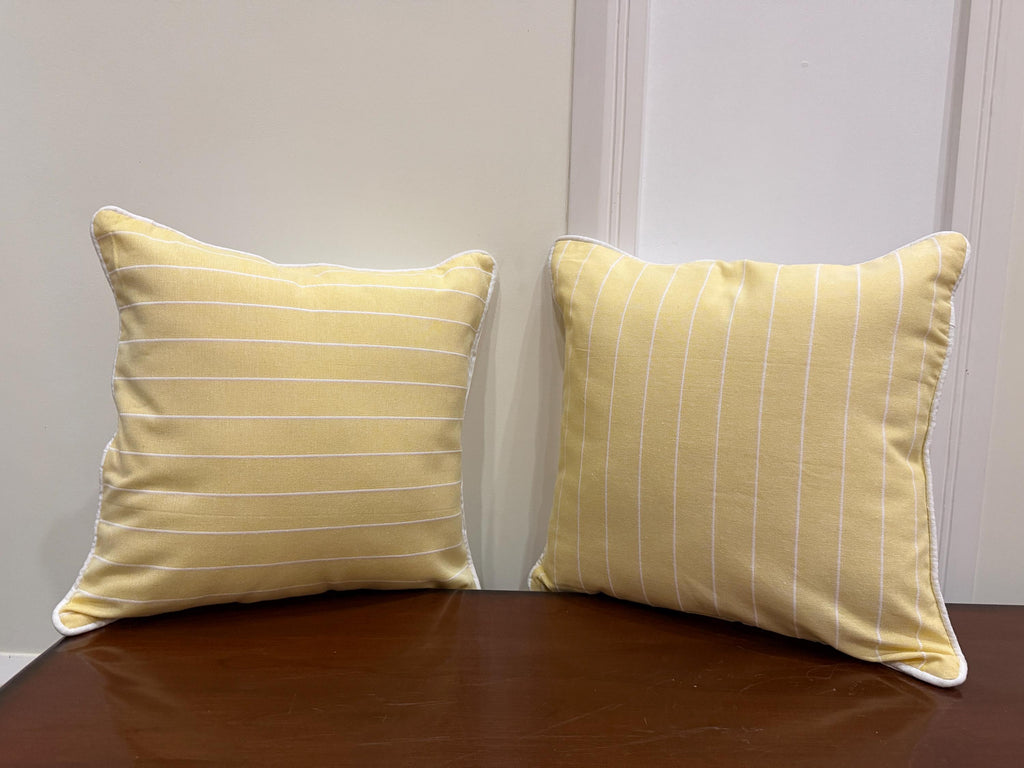 Yellow striped cotton pillow cover with white piping - view 6