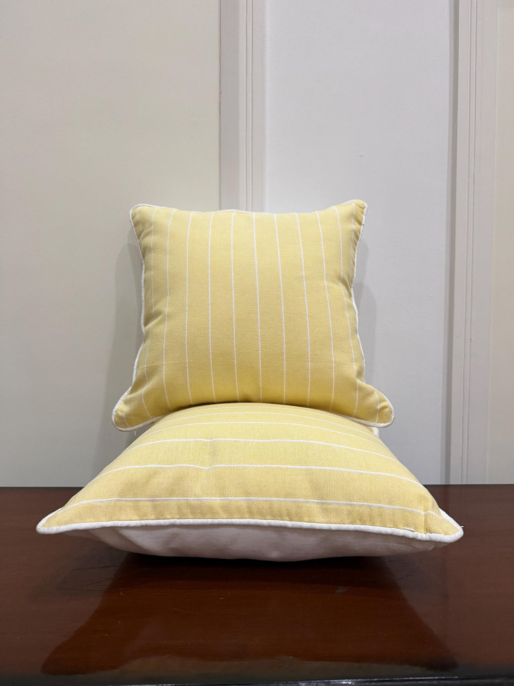 Yellow striped cotton pillow cover with white piping - view 7