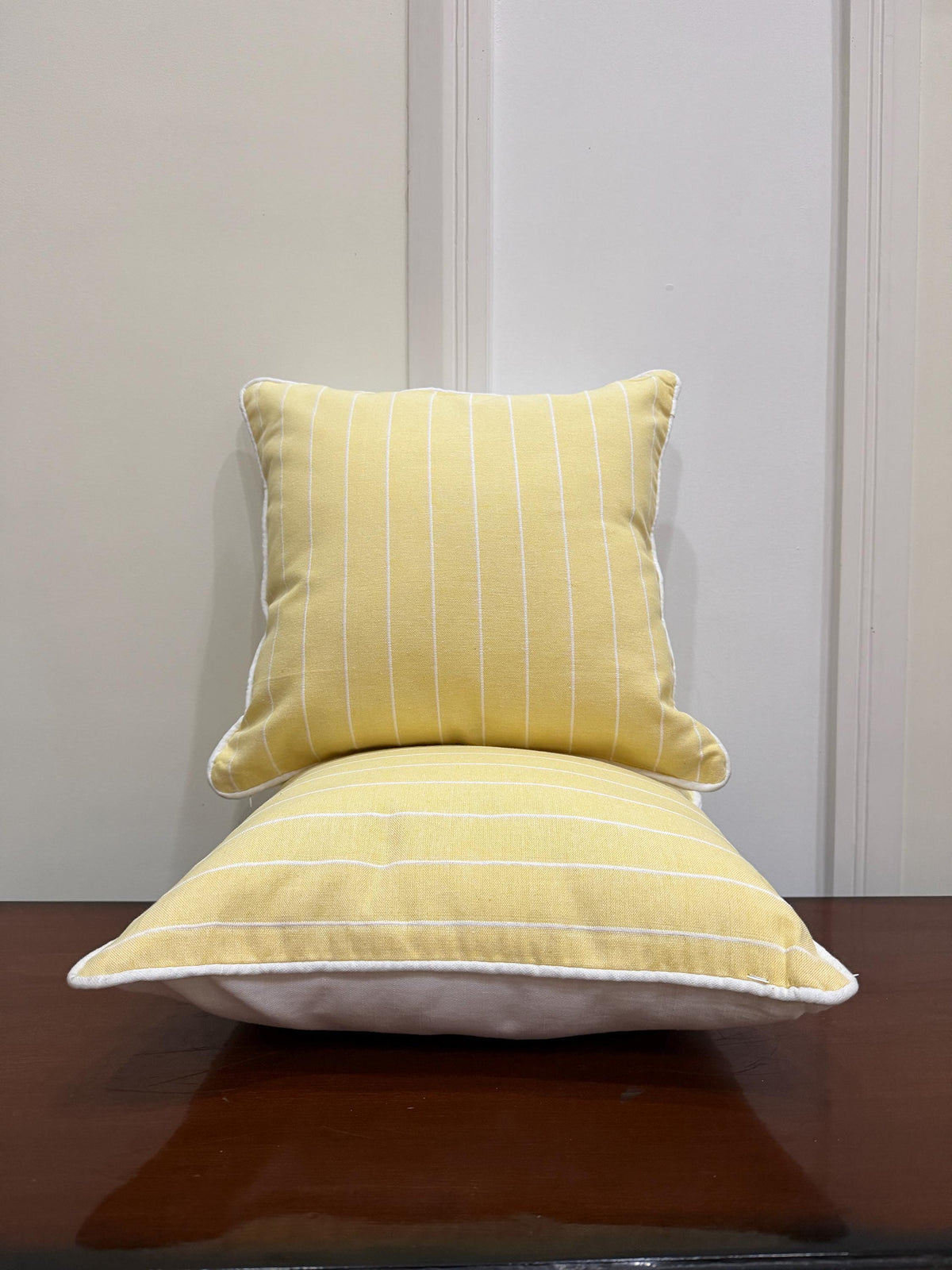 Yellow striped cotton pillow cover with white piping - view 7