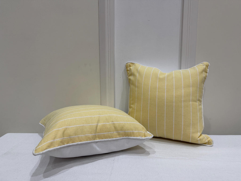 Yellow striped cotton pillow cover with white piping - view 8