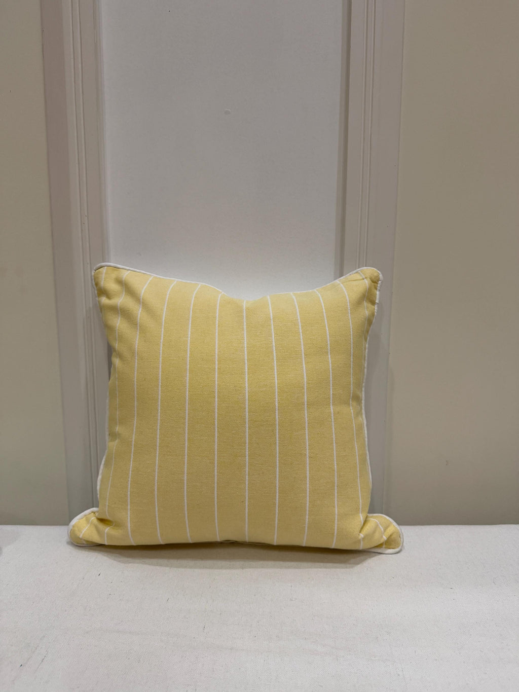 Yellow striped cotton pillow cover with white piping - view 9